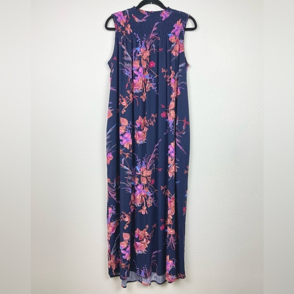 A New Day Women's Medium Floral Navy Sleeveless Maxi Dress Smocked Mock Neck